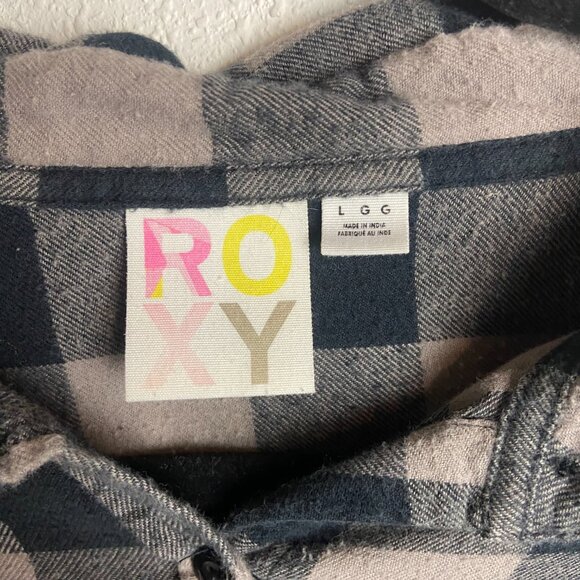 Roxy Size Large Flannel Gingham Plaid Button Down Shirt Grey Black Grunge Fall - Picture 2 of 7